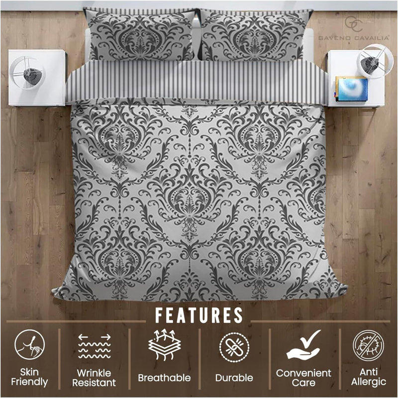 Polycotton Damask Duvet Cover Set with Matching Pillowcases - Soft Yarn Bedding, Charcoal, King