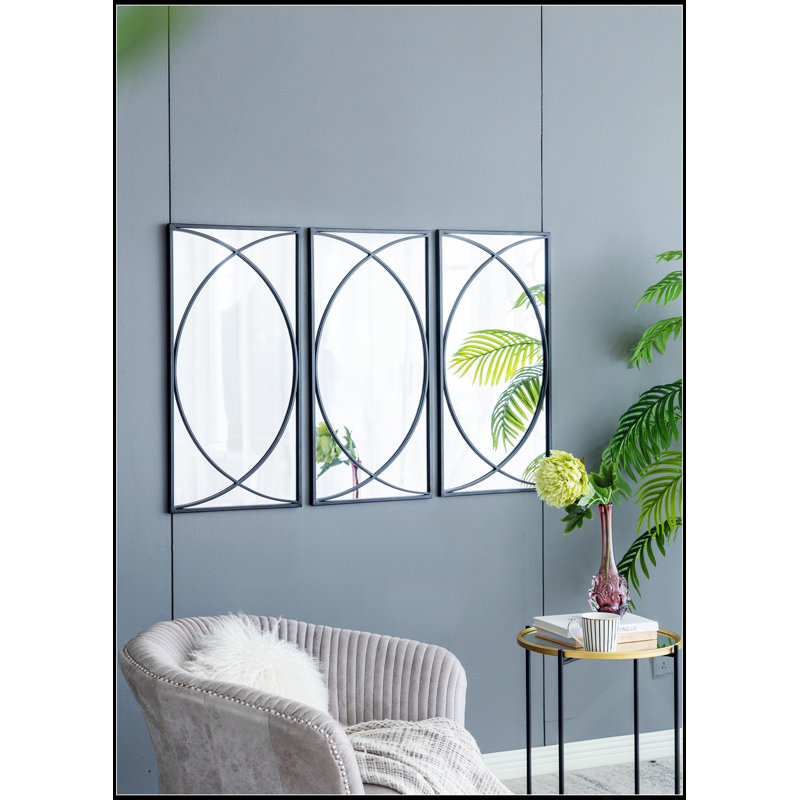 Ensemble de 3 miroirs muraux en métal noir avec anneau en fer frappant pour une décoration moderne