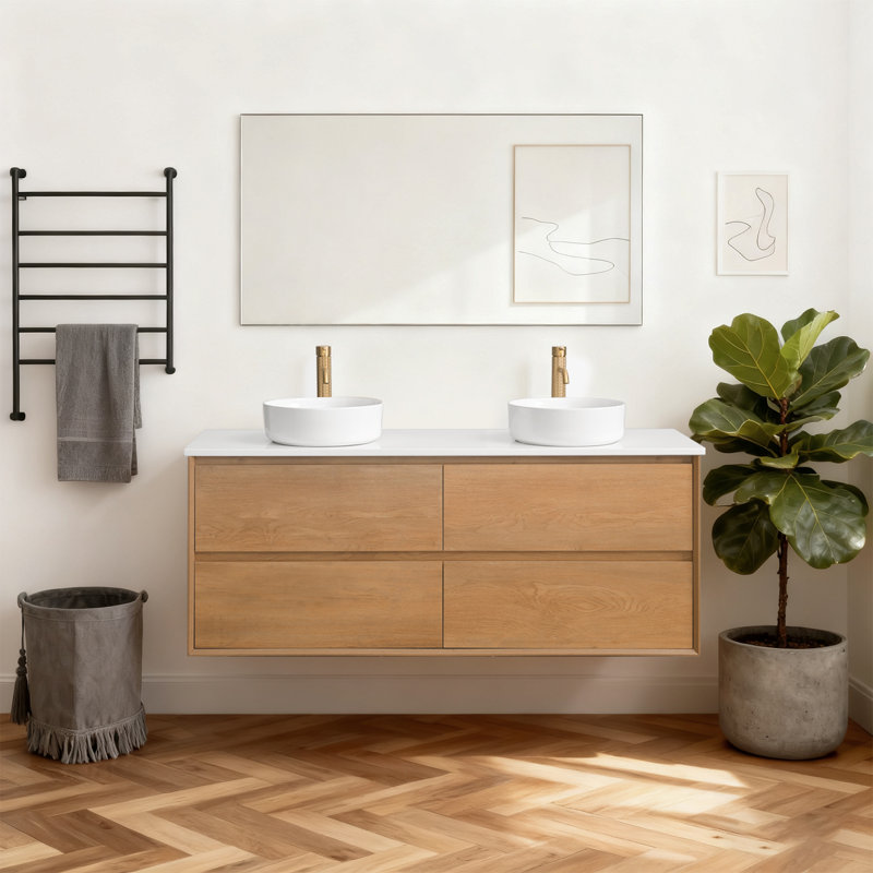 Meuble-lavabo double 60 po avec comptoir en quartz, Rond