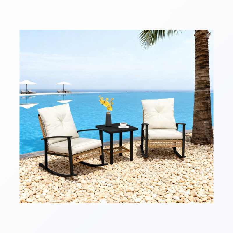 Chaise berçante de patio en osier avec coussins et table capitonnés (2 chaises), Blue
