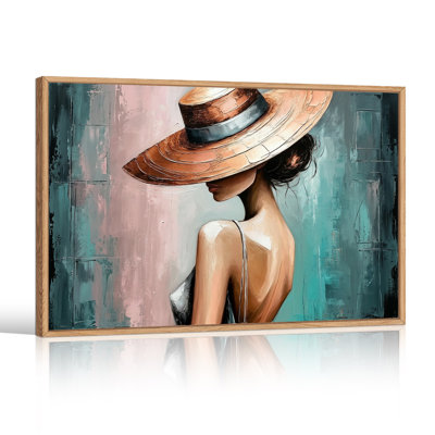 Femme portant un chapeau à larges bords sur fond turquoise et rose, tableau sur toile