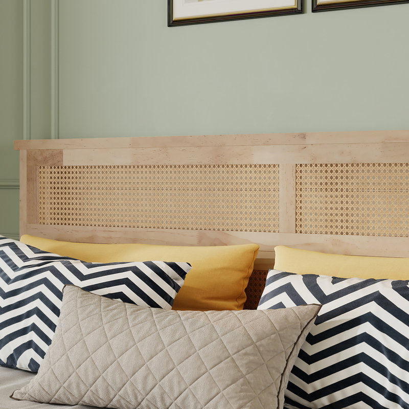 Cadre de lit très grand avec tête de lit en rotin naturel, cadre de lit plateforme en bois, rangement spacieux sous le lit, aucun sommier nécessaire, assemblage facile, naturel