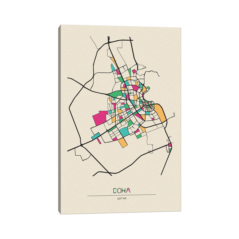 Doha, Qatar Map by Ayse Deniz Akerman - Wrapped Canvas Print