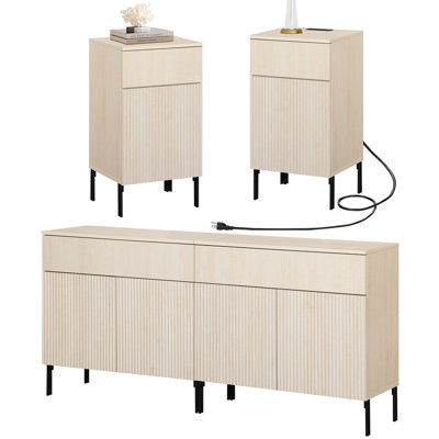 4 Pcs Bedroom Set,Reeded Dresser And Nightstand Sets For Bedroom, Wooden Dresser Set With Doors, Night Stand Of 2 With Charging Station by Ebern Designs