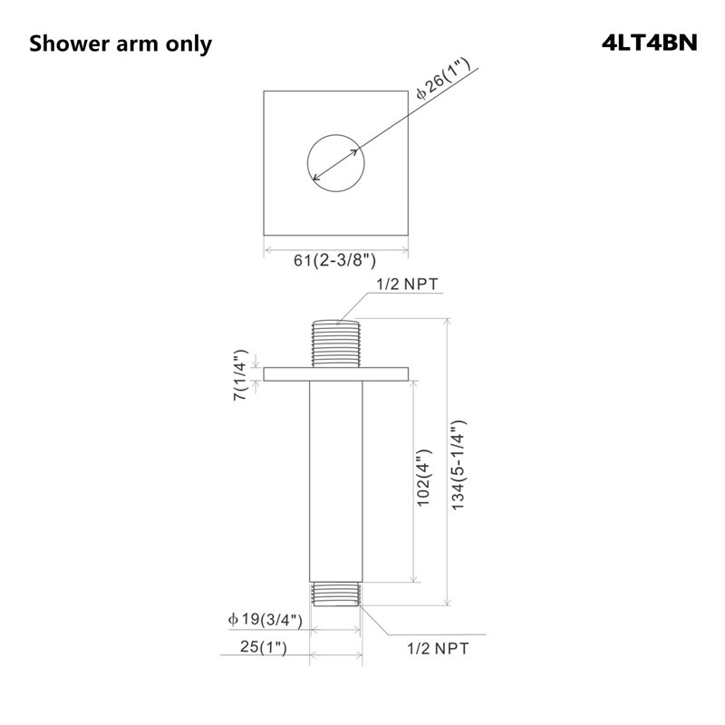 Bras de douche carré en métal 4 po, nickel brossé