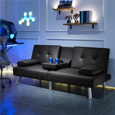 Black Modern Faux Leather Convertible Sofa Bed, Adjustable To Three Angles, With Cup Holders And Removable Armrests, 772 Lbs Weight Capacity For A Dou