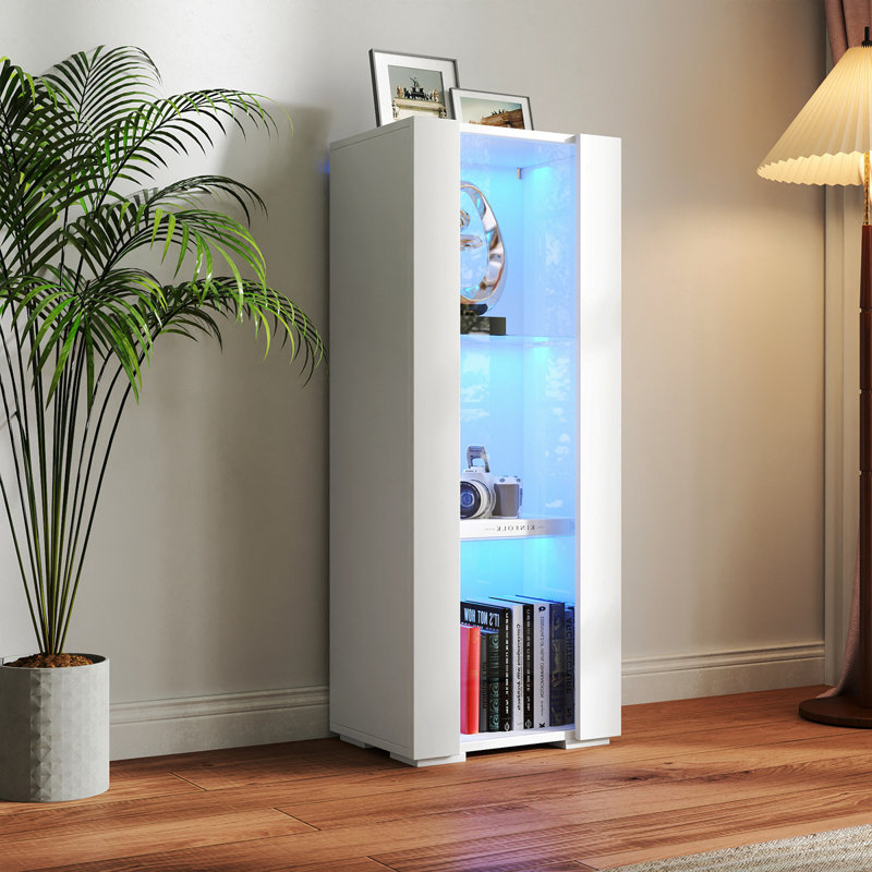 Storage Cabinets With Aluminum Strip Lamp,With Glass Shelves, For Living Room/Bedroom/Office
