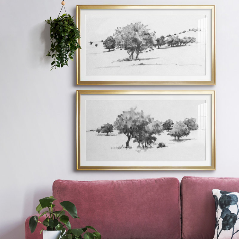 Treeline Sketch I - reproduction encadrée de qualité supérieure - prête à être accrochée, H 22,5 po x l 42,5 po x P 1 po, Or