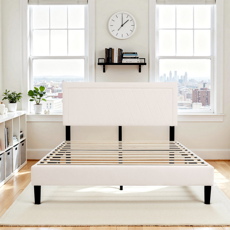 Structure de lit tapissier en bois massif avec tête de lit, aucun sommier requis et assemblage facile, Beige, Double