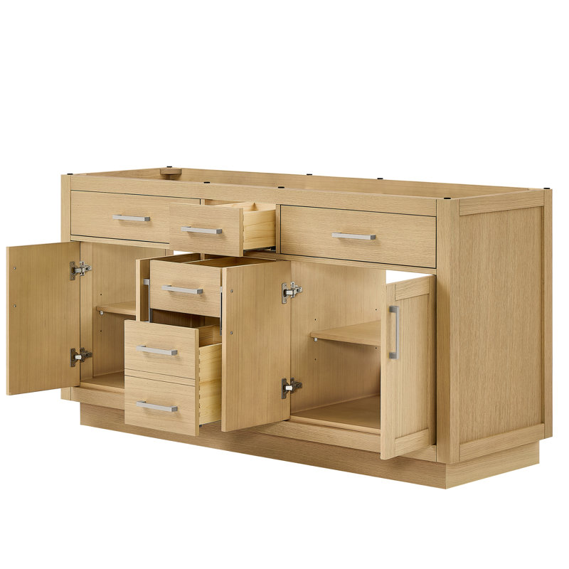 Base de meuble-lavabo double autoportante de 65 po Beckett seulement, Chêne foncé, Or brossé