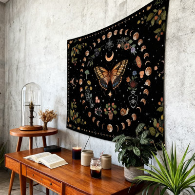 Botanical Floral Tapestry Wall Hanging With Butterfly And Moon Design For Room Decor, Vintage Aesthetic Bedroom And Living Room Art