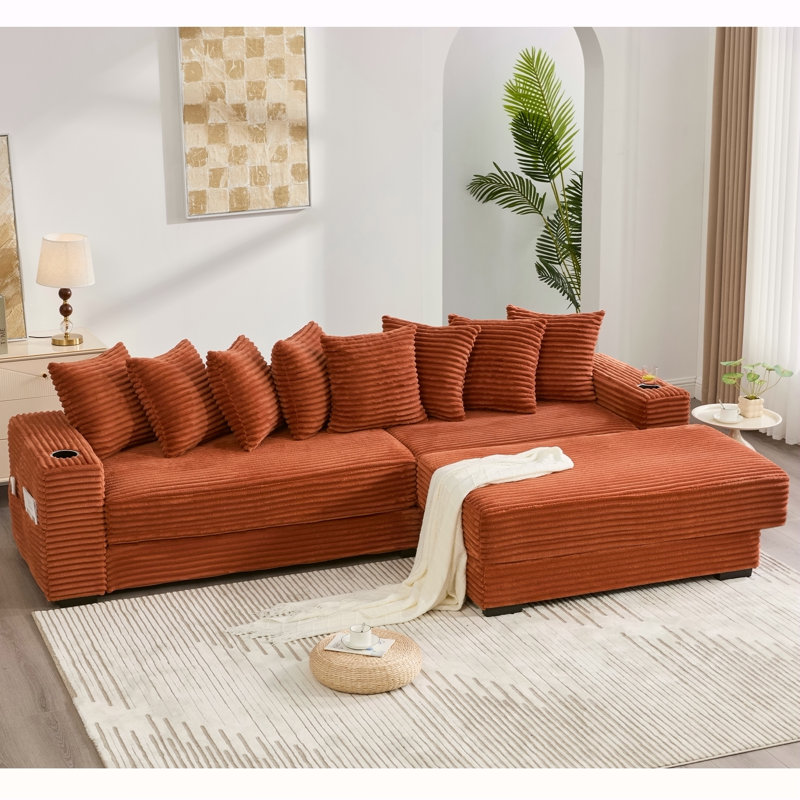 Canapé modulaire en L 110,75 po, canapé modulaire en velours côtelé, avec porte-gobelet mobile, porte-gobelets, 8 coussins décoratifs, poche latérale, déplier dans un lit, orange