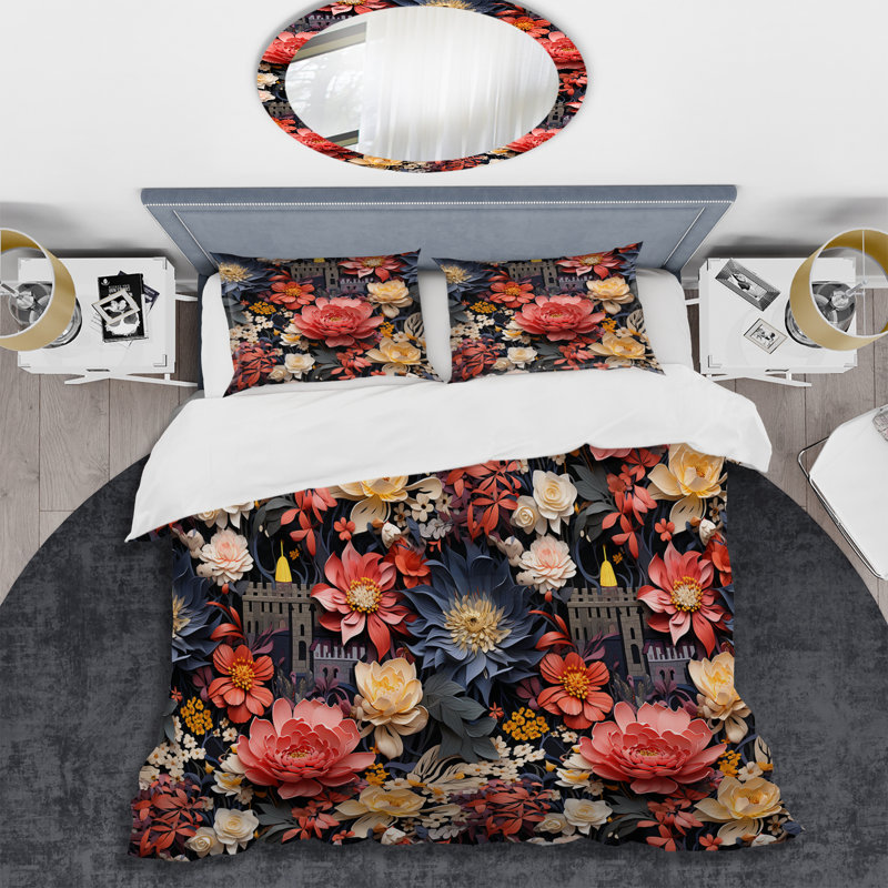 Ensemble de housse de couette rose et beige à motif floral Castle Dreams, Housse de couette pour très grand lit et 2 très