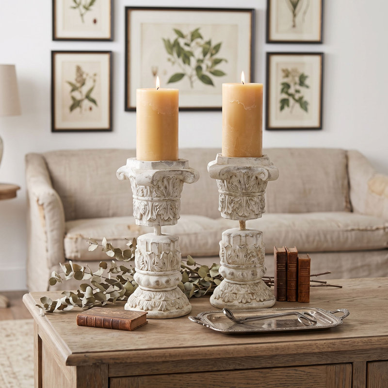 Antique Stone Roman Column Pillar Candle Holder for Mantel and Tabletop Decor