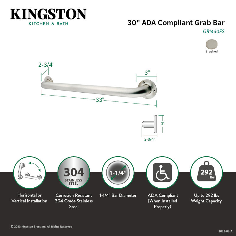Kingston Brass Made To Match 1-1/4 Inch O.D Grab Bar, 30" W