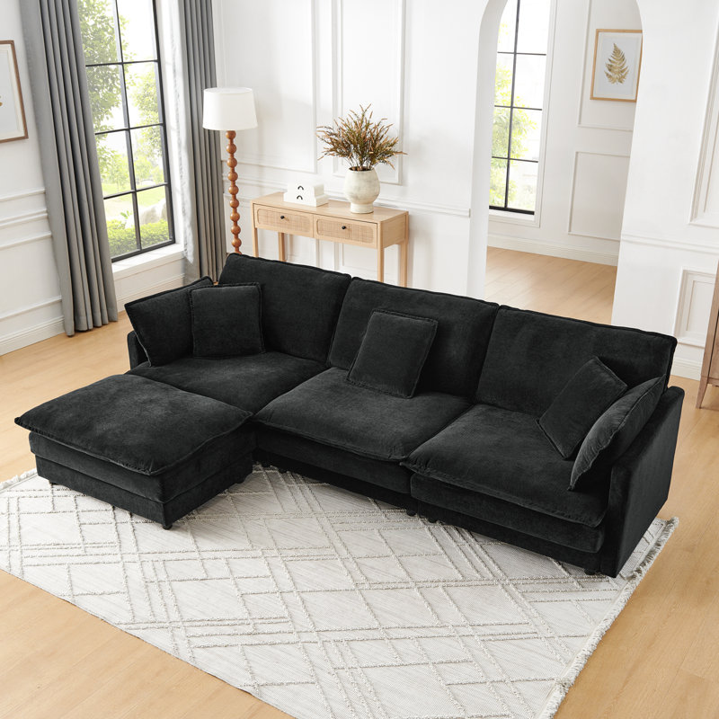 Canapé modulaire en L avec repose-pieds L-ShapeModern, Mélange de polyester noir