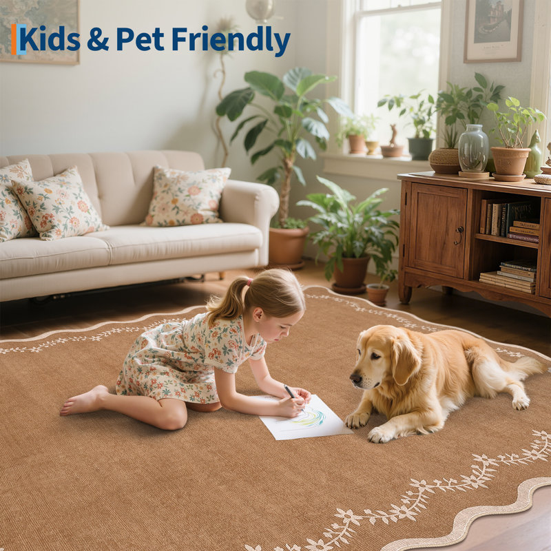 Scalloped Area Rugs for Living Room Washable Non Slip Bedroom Nursery Rugs Floral Farmhouse for Dining Room, Brown