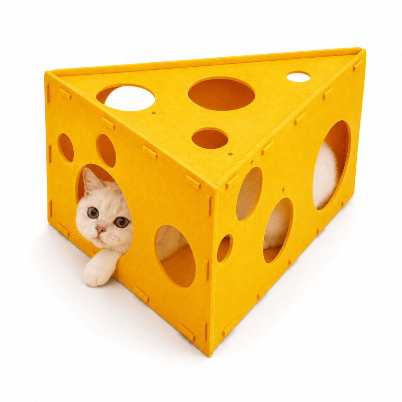 Maison pour chat en forme de fromage avec ouvertures interactives, cachette intérieure et maisonnette, jaune, 23,6 po x 15,7 po x 11,8 po