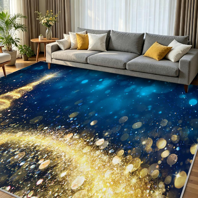 Tapis intérieur bleu doré lavable à la machine, motif sapin de Noël abstrait., Rectangle 71 po x 98 po