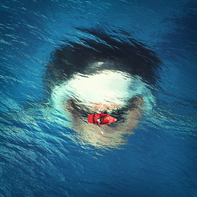 Red Boat And Shark by ALLVISIONN - Wrapped Canvas Print, 91cm H x 91cm W