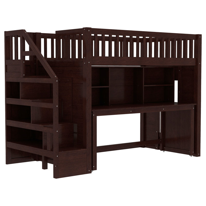 Lit mezzanine avec bureau mobile intégré, Simple, Espresso