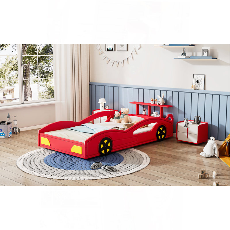 Wooden Race Car Bed,Car-Shaped Platform Twin Bed With Wheels For Teens,Red & Yellow, Red