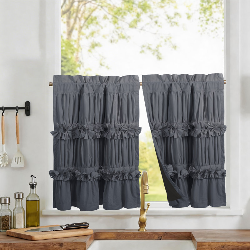 Paquet de 2 rideaux de cuisine Ruffle, Gris, L 30 po x L 36 po