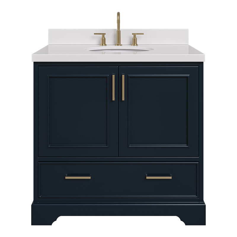 Meuble-lavabo simple avec plateau Abshire 37, Bleu minuit, Quartz blanc pur