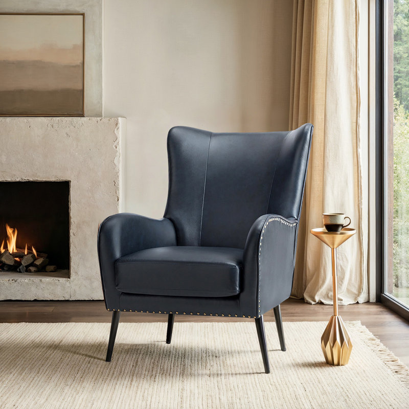Fauteuil à oreilles en similicuir avec garniture cloutée 30 po Ebbert, Similicuir galet bleu marine
