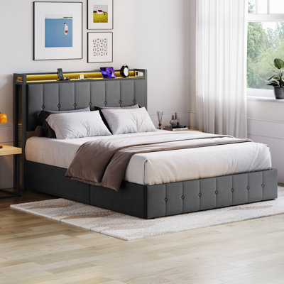 Lit double avec rangement à DEL et lumières DEL, cadre de lit tapissier en velours avec tête de lit et station de charge, lit plateforme en métal, aucun sommier requis, lattes en bois massif, gris