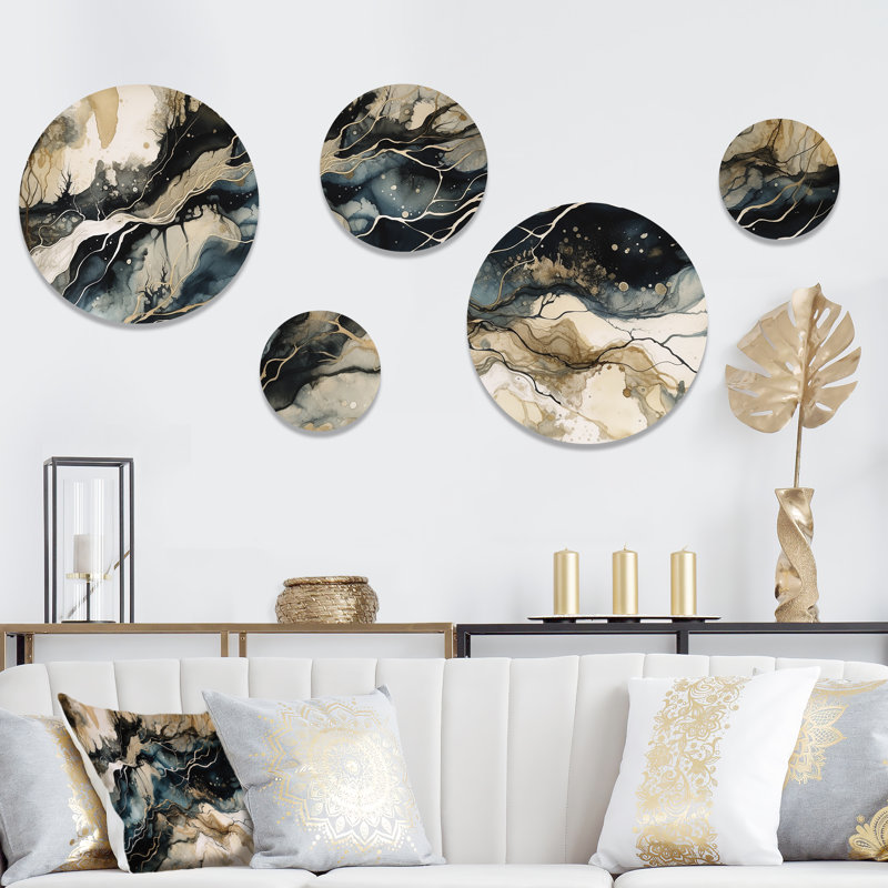 Décoration murale géométrique moderne en métal bleu beige marbré Dreamscape III