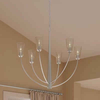 Lustre en nickel brossé à six lumières avec abat-jour en verre transparent Jheni