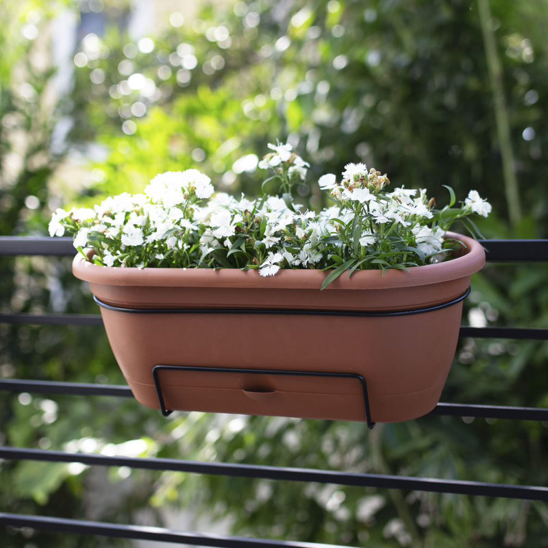 Lucca Self-Watering Plastic Indoor/Outdoor Oval Balcony Box Planter with Metal Hanging Bracket, Terracotta