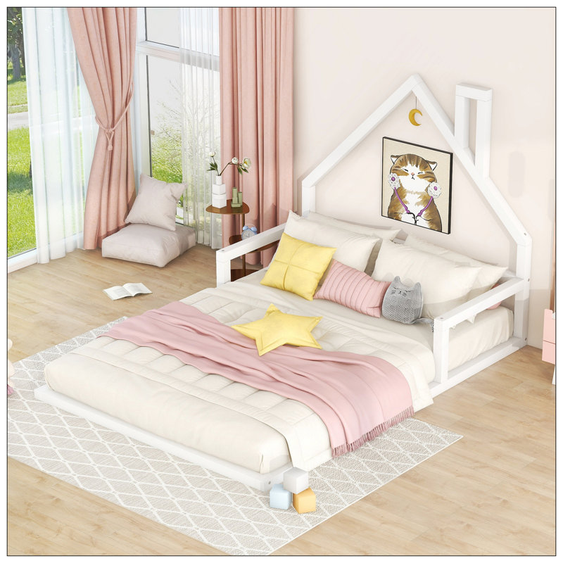 Lit en bois avec tête de lit en bois, Blanc, Lit double