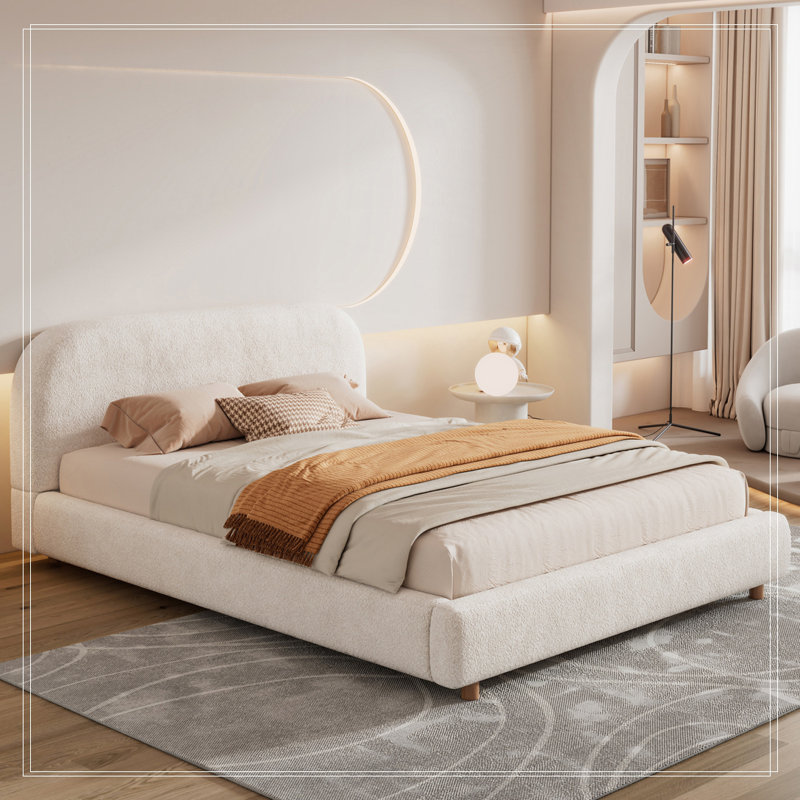 Queen Size Platform Bed with Boucle Fabric, White, Solid/Manufactured Wood