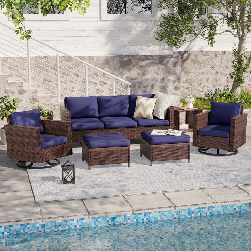 Ensemble de conversation avec fauteuil berçant et pivotant pour 5 personnes Charlenne, Brun, Bleu marine