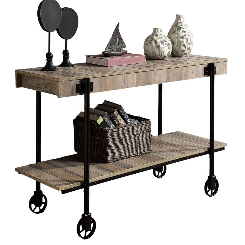 Bureau industriel classique avec tablette inférieure ouverte et plateau en bois reproduit de ton naturel de style moderne avec structure en acier