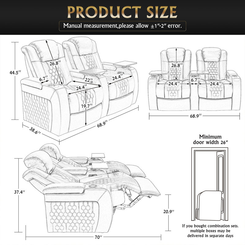 Power Recliner 2 PC Made WithTop-Grain Nappa,Fully Adjustable Relaxation,Smart Charging,Dynamic RGB LED Lighting, Black