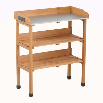 30″X14.5″×35.5″ Potting Table W/Metal Tabletop, 3 Layers Outdoor Work Bench W/Hook For Garden, Solid Wood Workstation For Garage