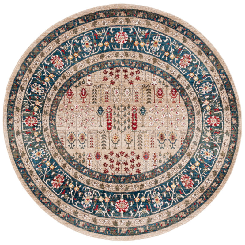 Tapis beige / bleu marine en polypropylène tissé à plat Ralph Lauren, Rond 6 pi 7 po