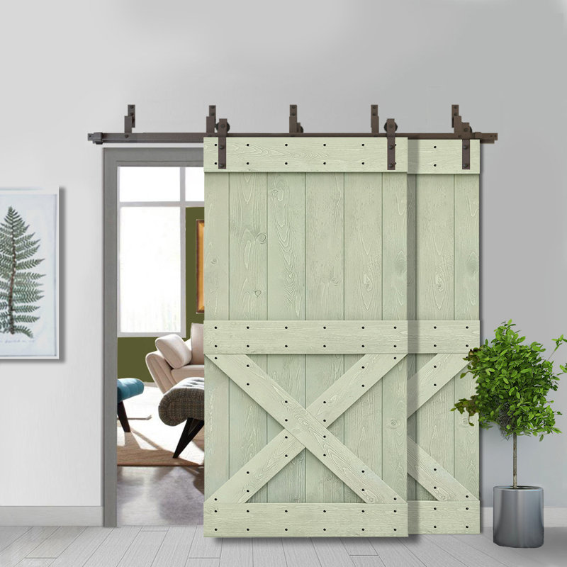 Porte de grange en bois peint, 36 po x 84 po, Vert clair, Noir