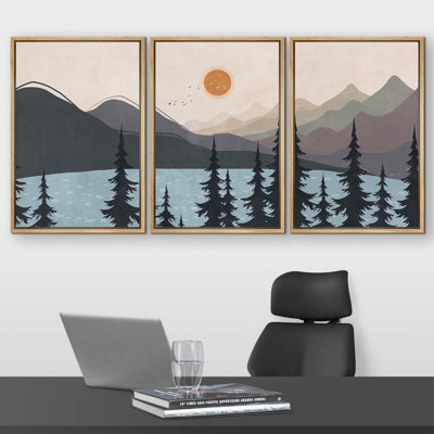 «Pine Tree Mountain Forest Lake on Canvas», reproduction de 3 pièces