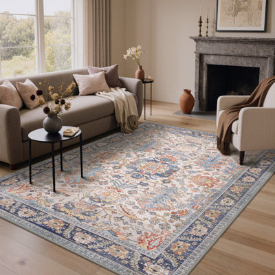 Tapis oriental vintage vieilli, lavable à la machine, brun et bleu, à poils courts, antidérapant, idéal pour le salon et la chambre, adapté aux animaux et aux enfants.