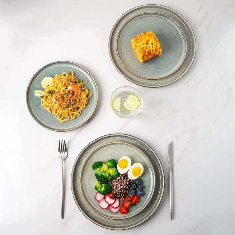 Service de table 12 pièces en grès pour 6 personnes avec assiettes et bols  - Service de vaisselle moderne en porcelaine colorée réactive - Assiettes à  salade, bols à céréales, bols à