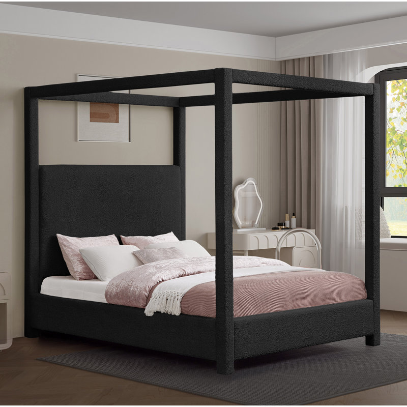 Upholstered Canopy Bed, Queen, Black Boucle Fabric