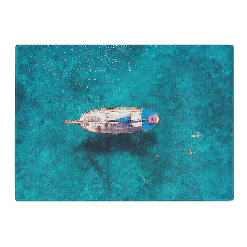 Boat and Swimmers in Cyprus Painting Chopping Board, 0.4cm H x 20cm W x 28.5cm L