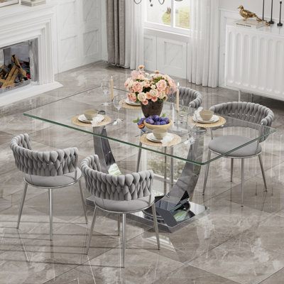 Rectangular Pedestal Dining Set with Modern Weaven Velvet Dininig Chair