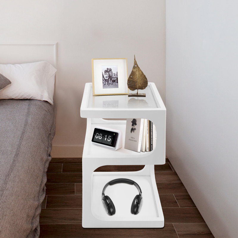 Table de chevet à 3 niveaux en bois massif pour petits espaces avec rangement ouvert, Blanc