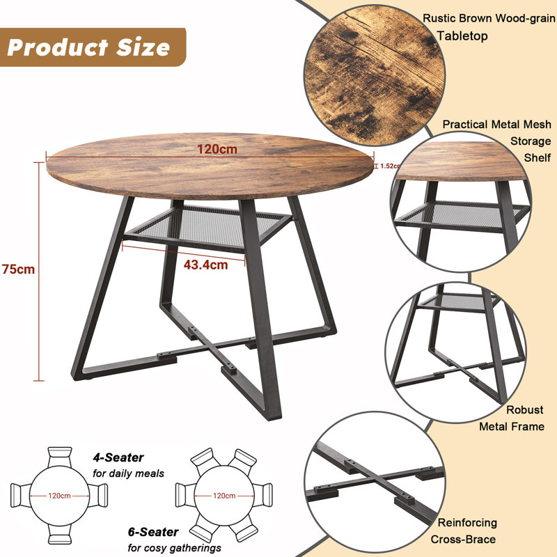 120cm Round Dining Table With Storage Shelf, Industrial Kitchen Table For 4-6 People, Rustic Brown & Black