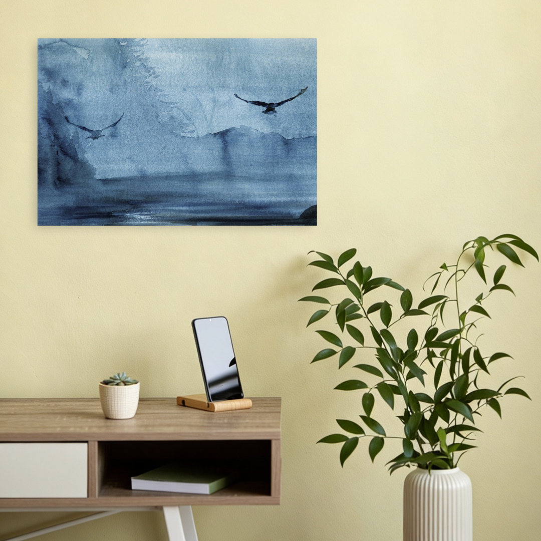 Misty Lake Flight Peaceful Serene Tranquil Bird Forest Landscape Wall Art Print